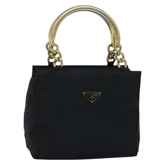 PRADA Hand Bag Nylon Metal Navy Gold Auth 137215 - Picture 1 of 16